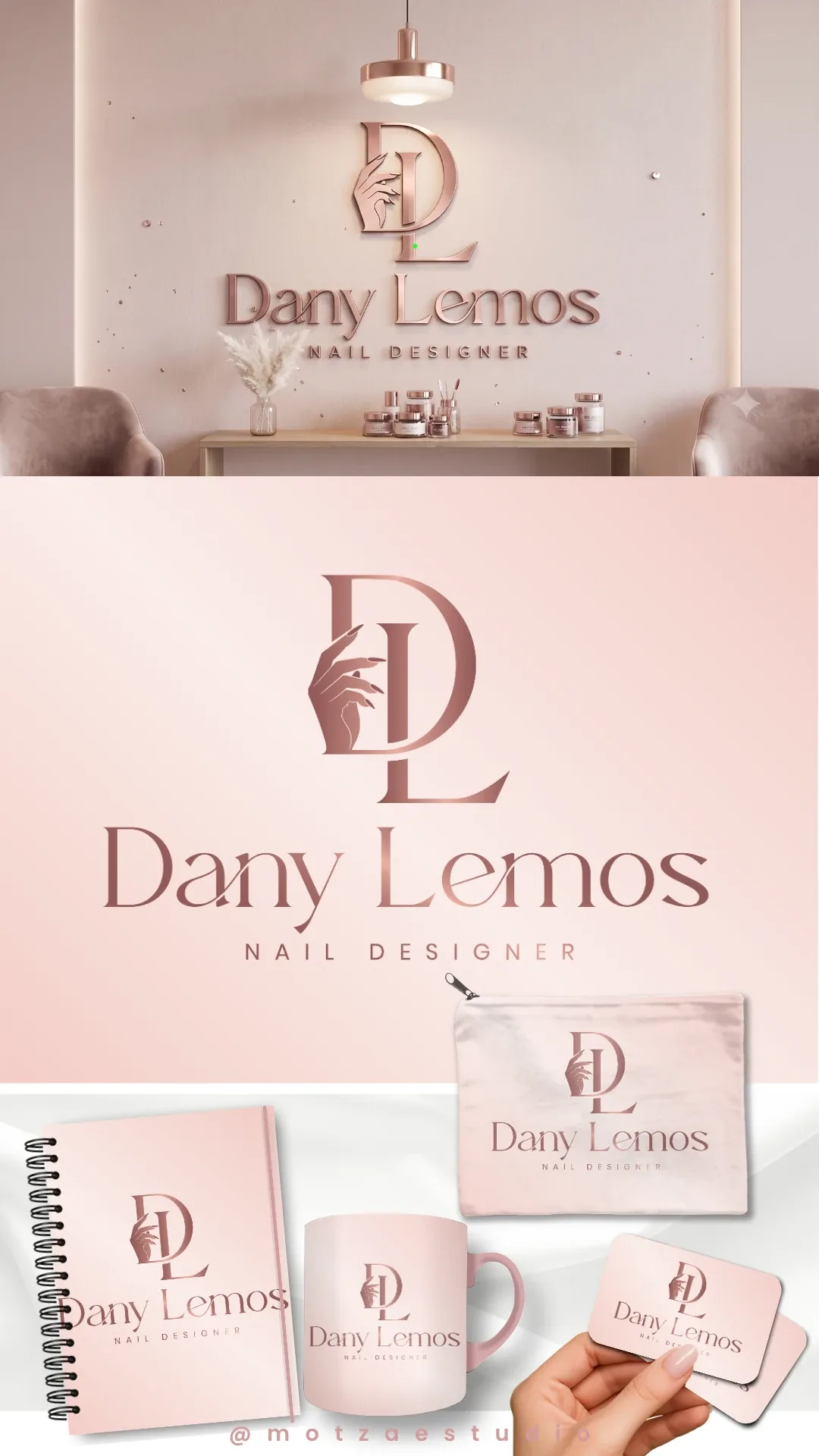 Apresentação completa da identidade visual Dany Lemos, criada para nail designer — logo e aplicações da marca
