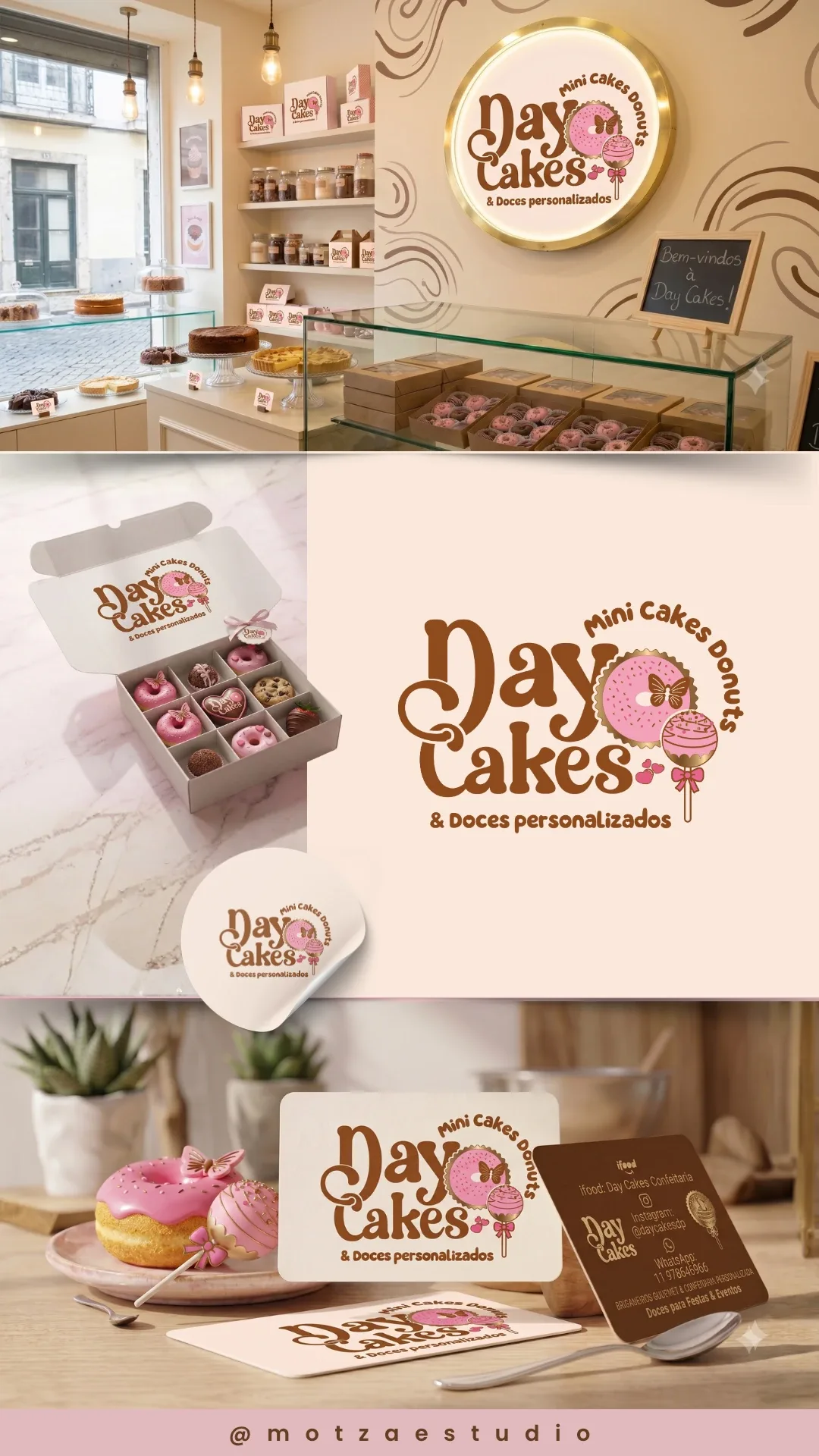 Apresentação completa da identidade visual Day Cakes, criada para confeitaria — logo e aplicações da marca