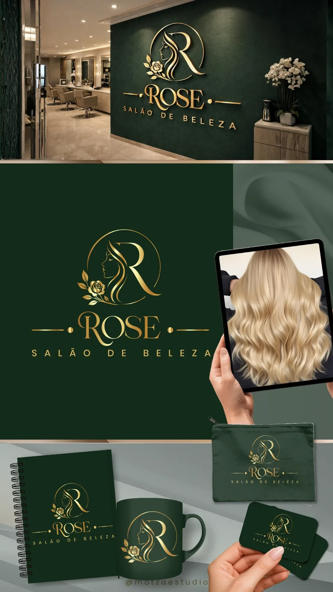 Apresentação completa da identidade visual Rose Salão de Beleza, criada para salão de beleza — logo e aplicações da marca