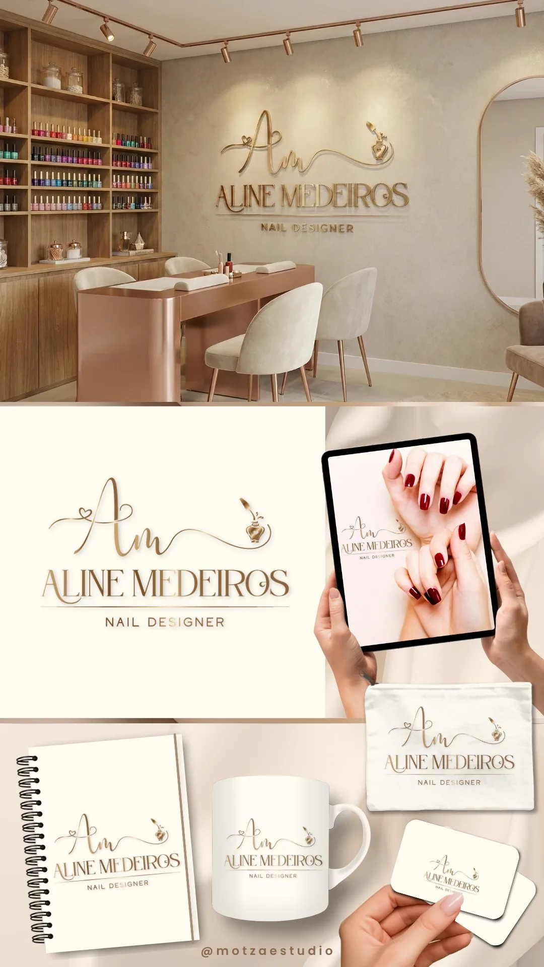 Apresentação completa da identidade visual Aline Medeiros, criada para nail designer — logo e aplicações da marca