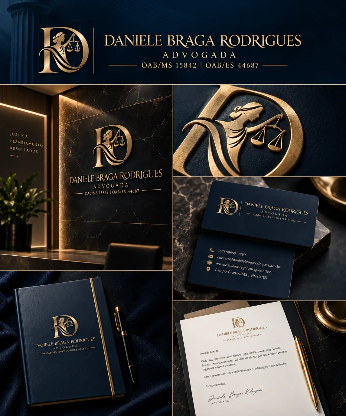 Apresentação completa da identidade visual Daniele Braga Rodrigues, criada para advogada — logo e aplicações da marca