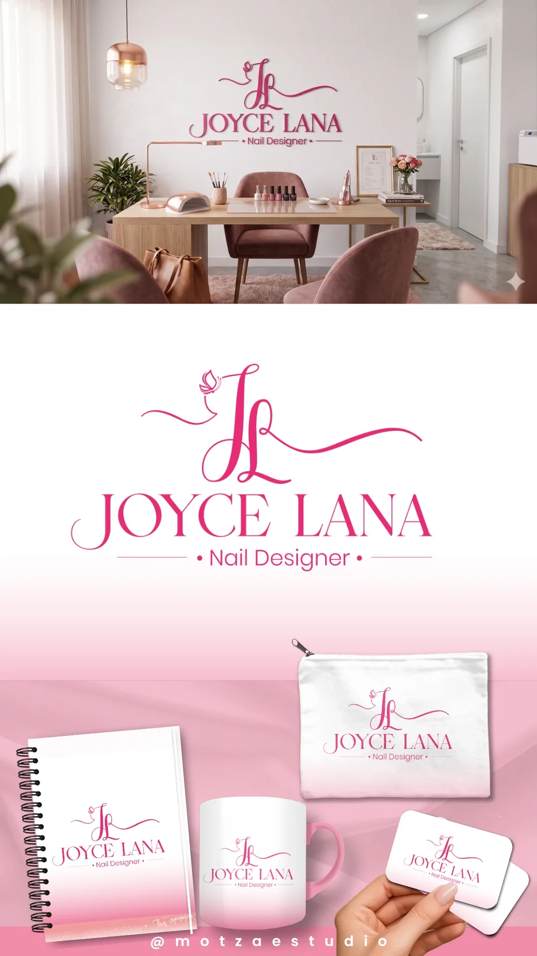 Apresentação completa da identidade visual Joyce Lana, criada para nail designer — logo e aplicações da marca