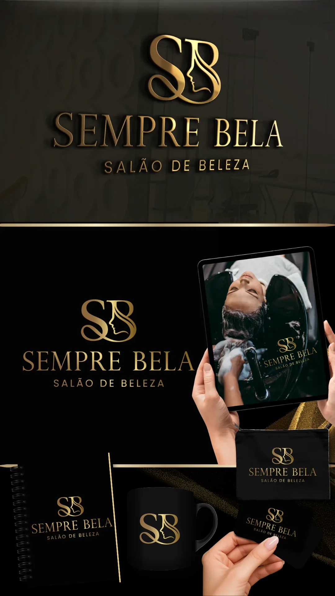 Apresentação completa da identidade visual Sempre Bela, criada para salão de beleza — logo e aplicações da marca