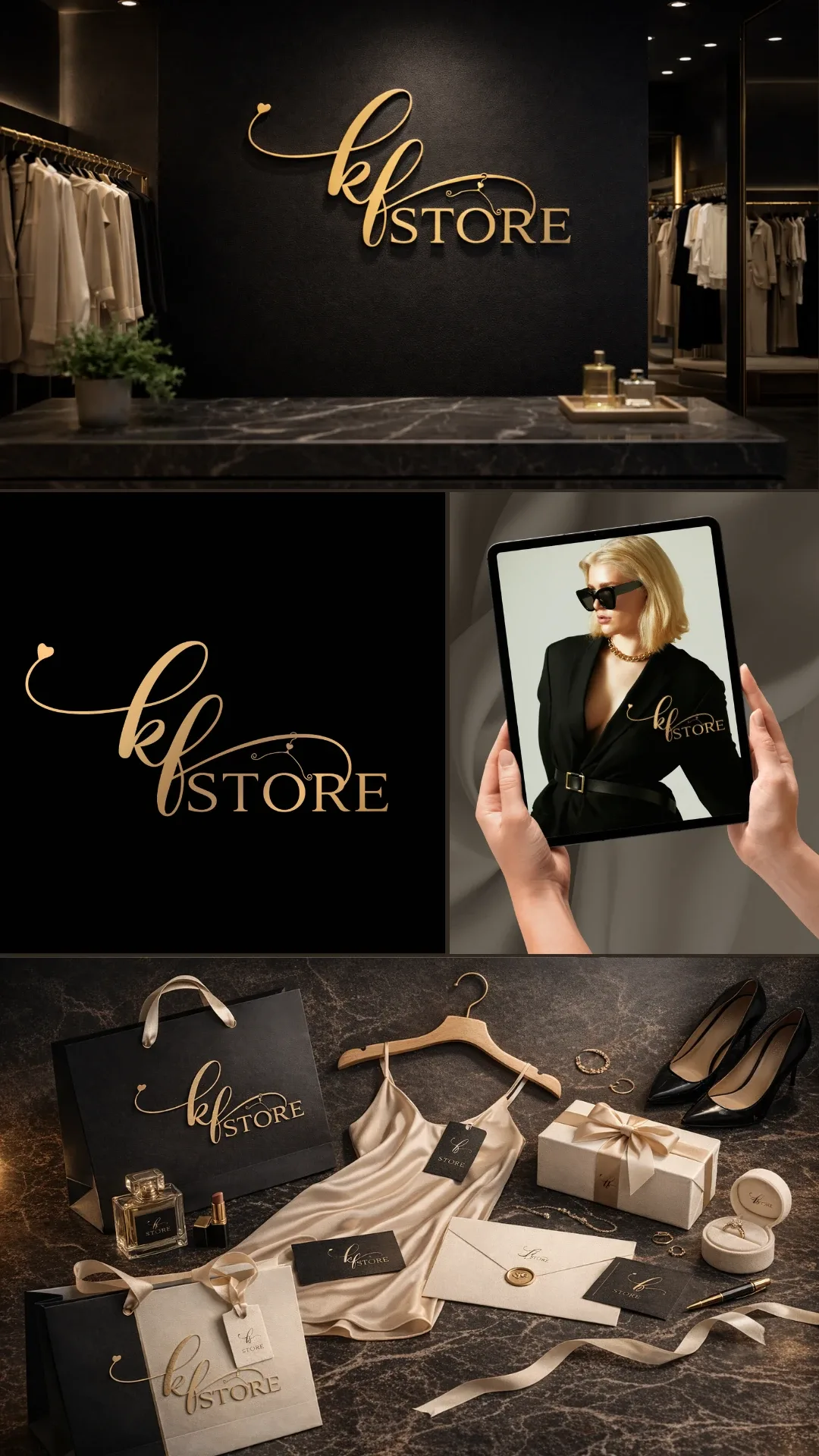 Apresentação completa da identidade visual KF Store, criada para loja de roupas — logo e aplicações da marca