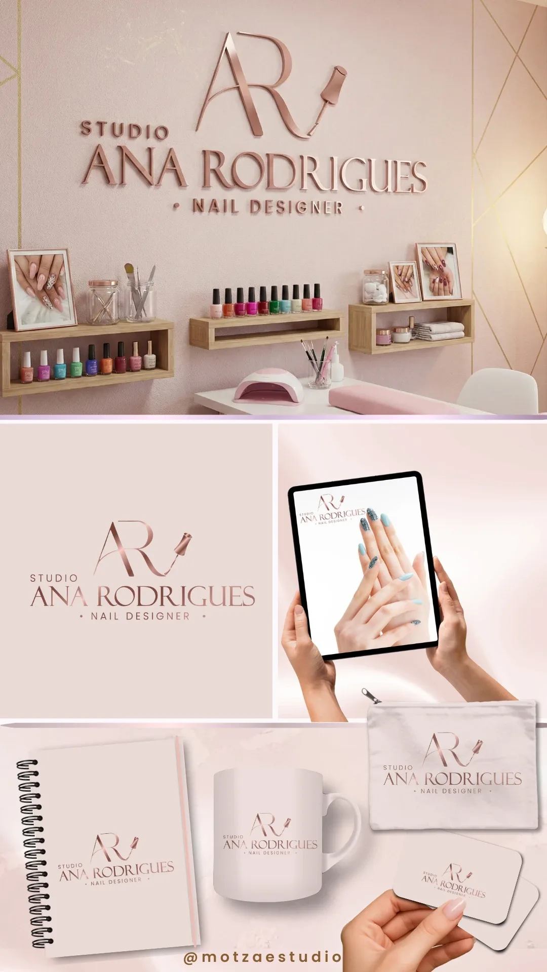 Apresentação completa da identidade visual Studio Ana Rodrigues, criada para nail designer — logo e aplicações da marca