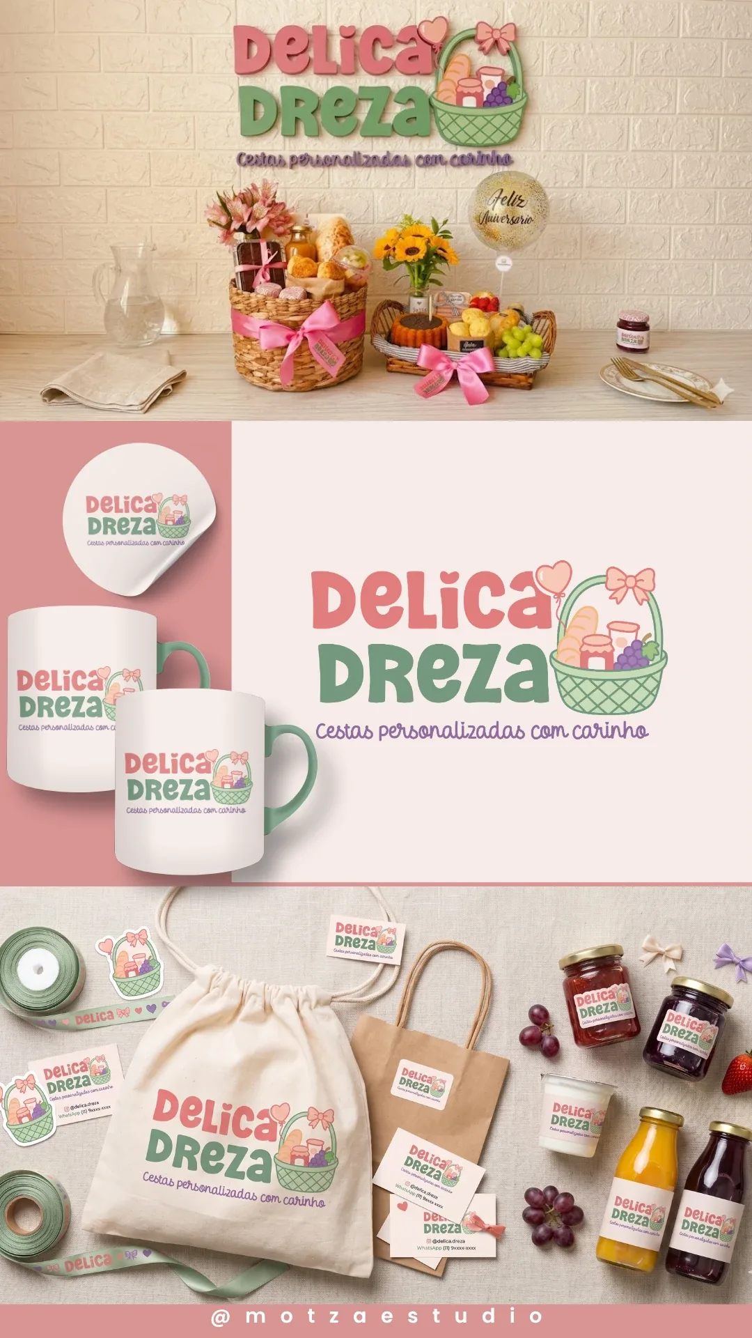 Apresentação completa da identidade visual Delica Dreza, criada para cestas personalizadas — logo e aplicações da marca