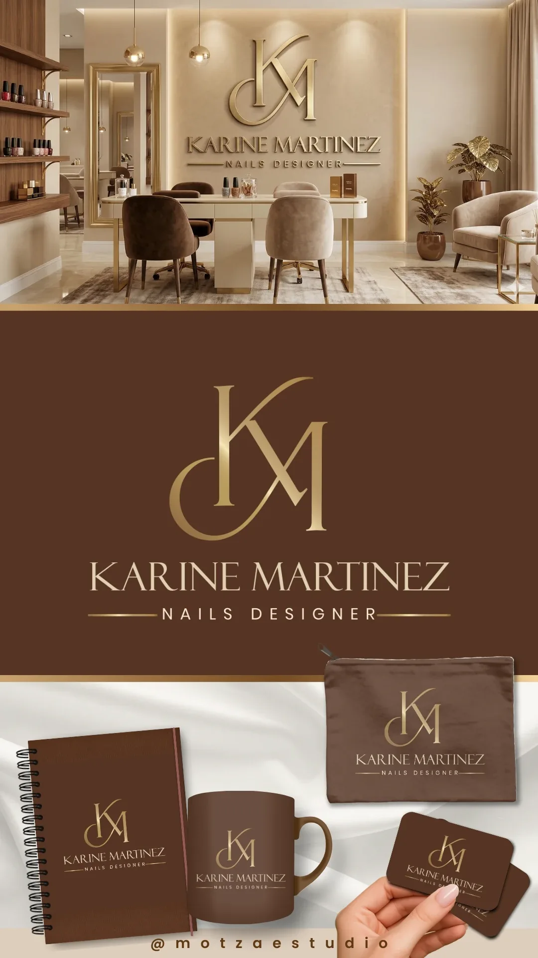 Apresentação completa da identidade visual Karine Martinez, criada para nail designer — logo e aplicações da marca